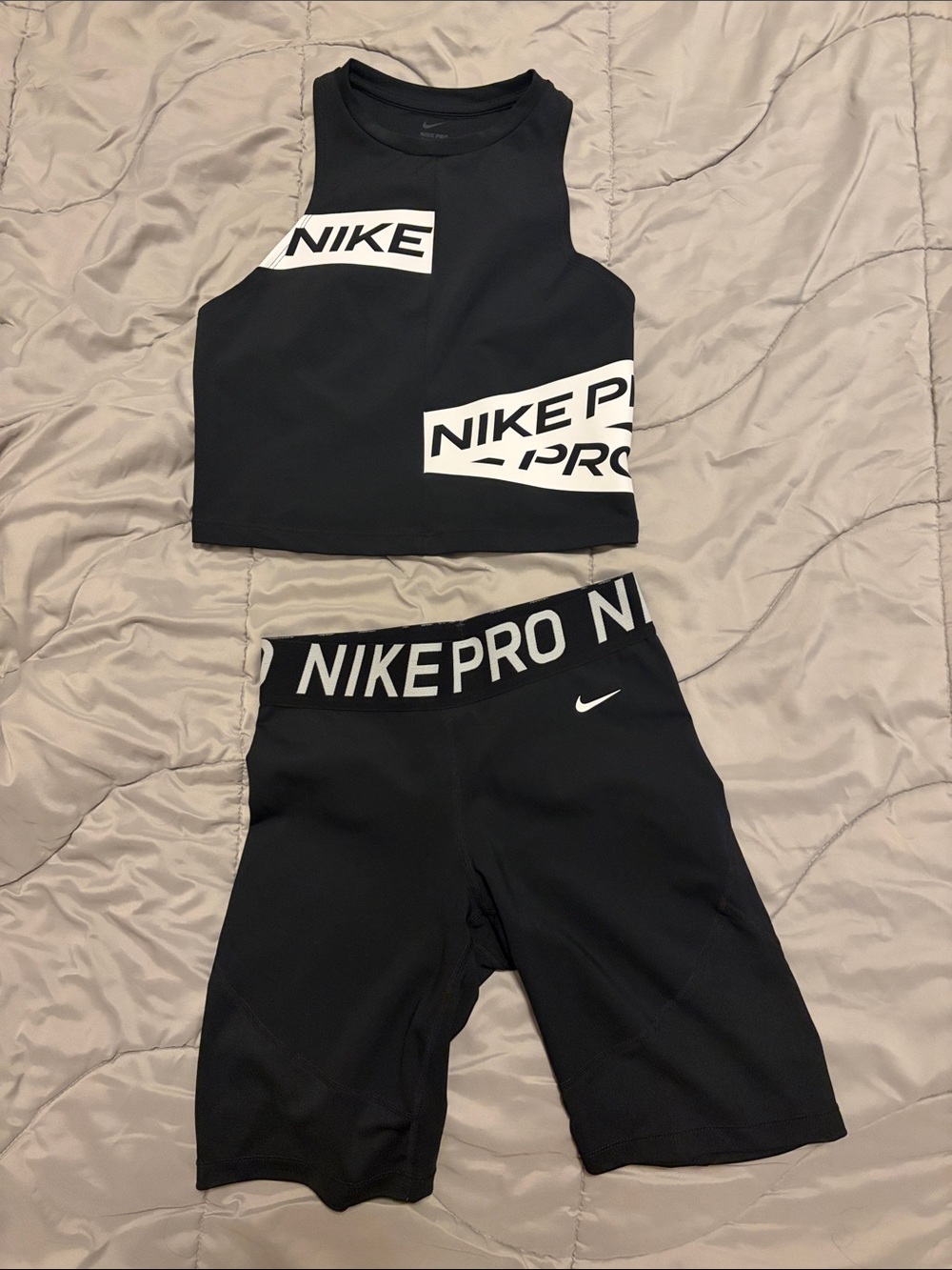 Nike Black and White Logo Active Crop Top & Bike Shorts Set